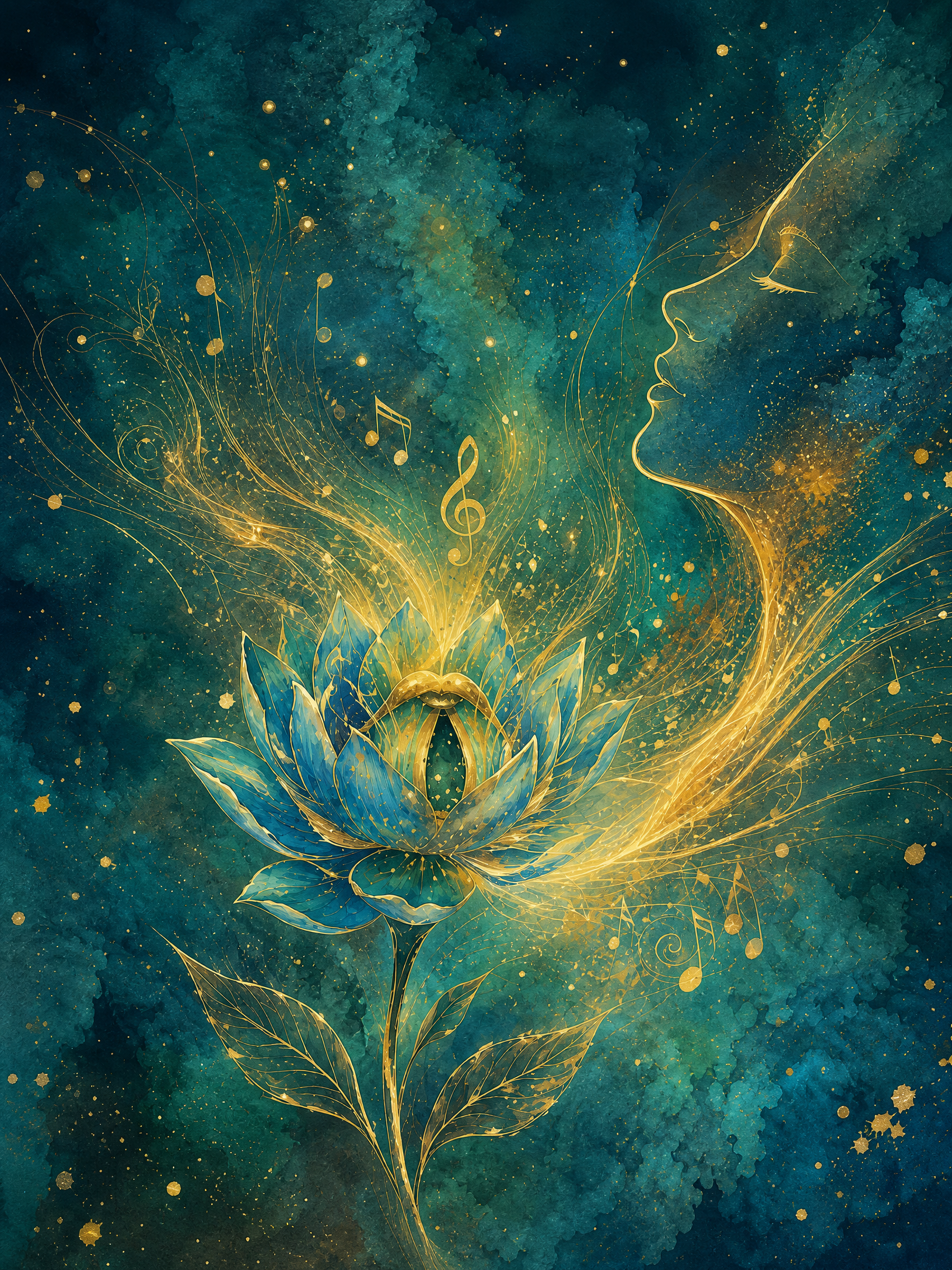 Luminous teal and gold lotus with music and a singing profile